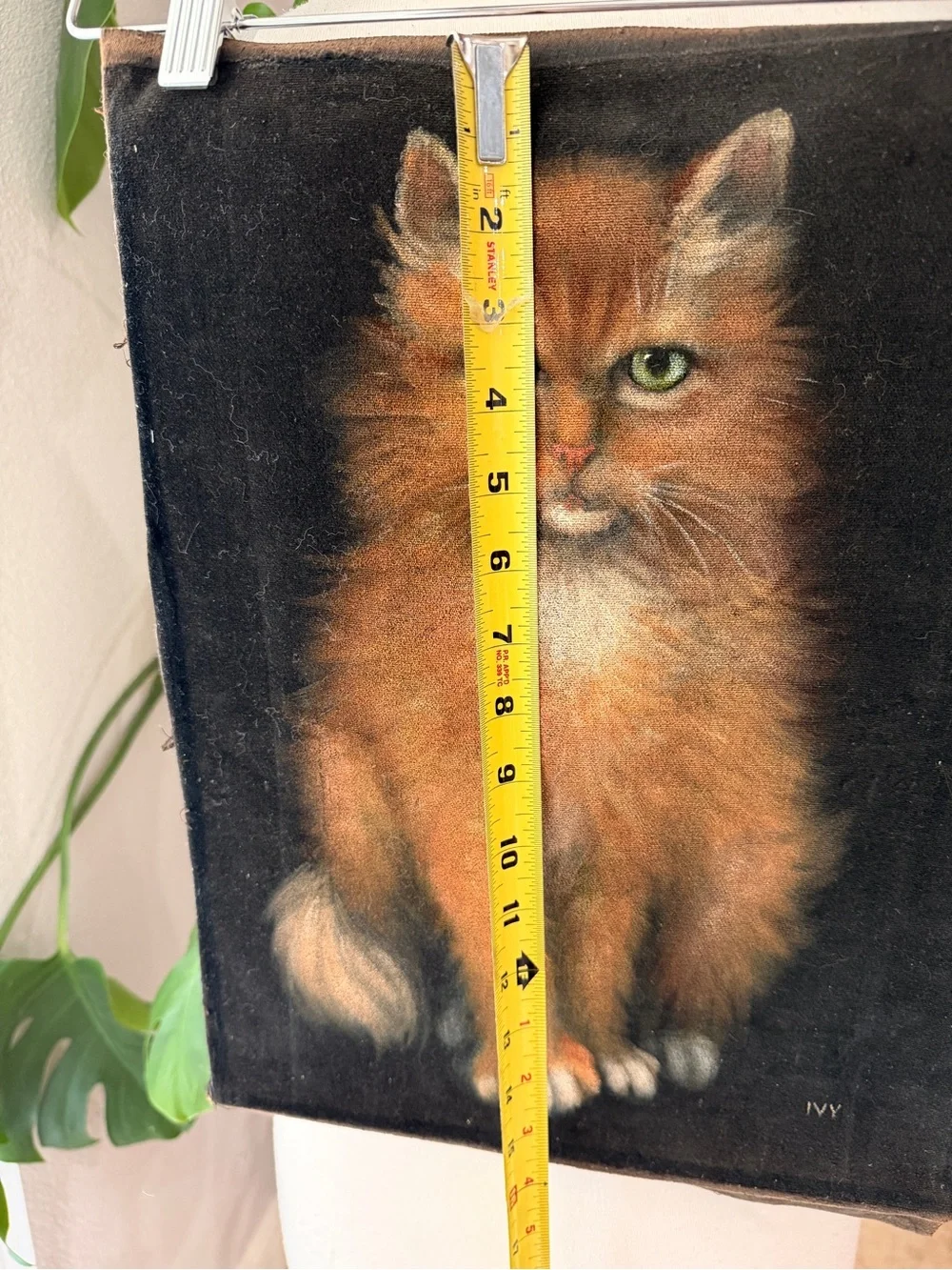 Vintage Signed IVY Orange Tabby Cat Portrait Black Velvet Textile Art